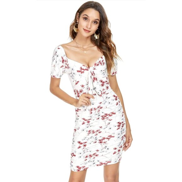 🍒 2/$20 🍒 Short Sleeve Tie Front White Floral Ruched Summer Dress sz Large - Picture 1 of 5